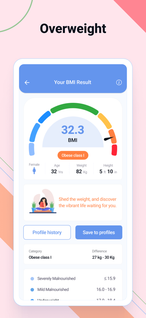 BMI Calculator- Weight Monitor - Pantalla de una aplicación móvil que muestra un resultado de IMC de 32.3 con datos de peso y altura.