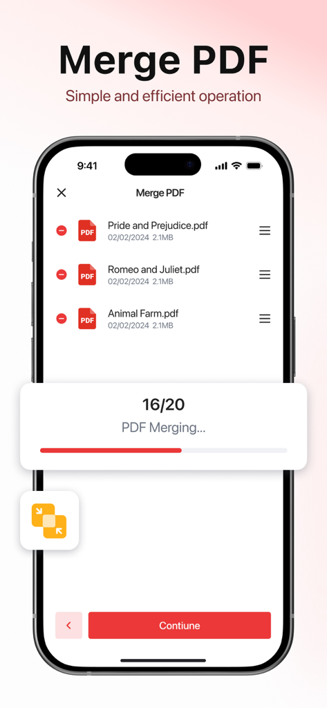 PDF Reader - Editor & Scanner - Un écran mobile montrant la fonction de fusion de PDF avec une liste de fichiers et une barre de progression.