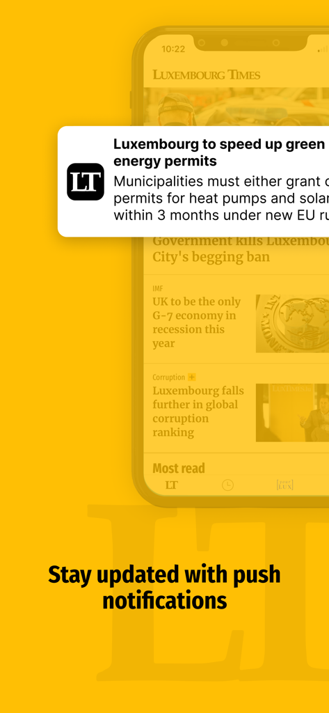 Luxembourg Times - モバイル画面にLuxembourg Timesアプリのプッシュ通知が表示されています。