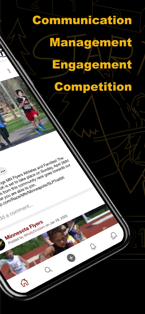 Interface mobile d'Athletic.APP montrant un fil d'actualité social d'équipe avec des fonctionnalités de communication et d'engagement de compétition