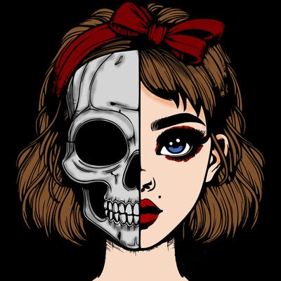 realistic girl with half skull mask