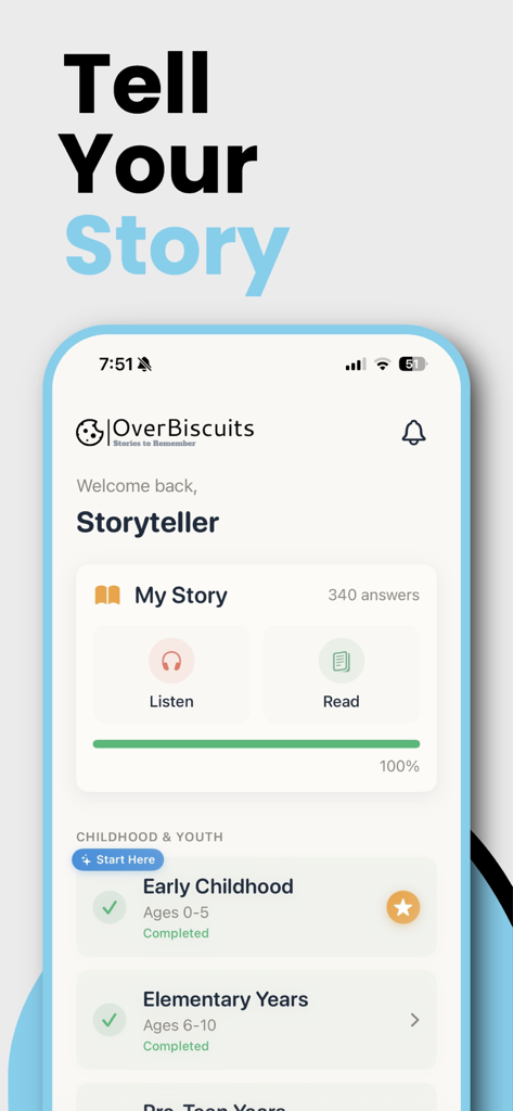 OverBiscuits - Una interfaz de aplicación móvil para OverBiscuits que muestra los capítulos de historias de vida completados por un usuario y las opciones para escuchar o leer.