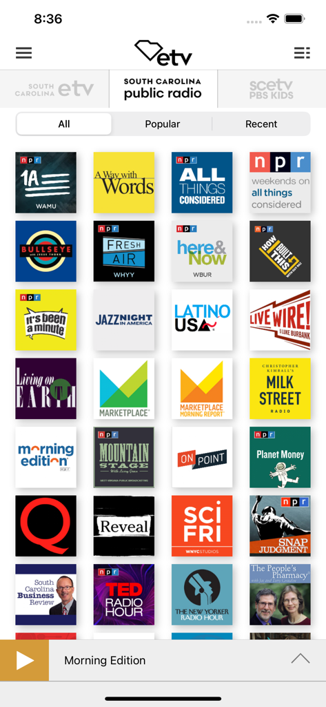 South Carolina ETV - Interface of the SCETV app showing a grid of public radio shows including Morning Edition and All Things Considered