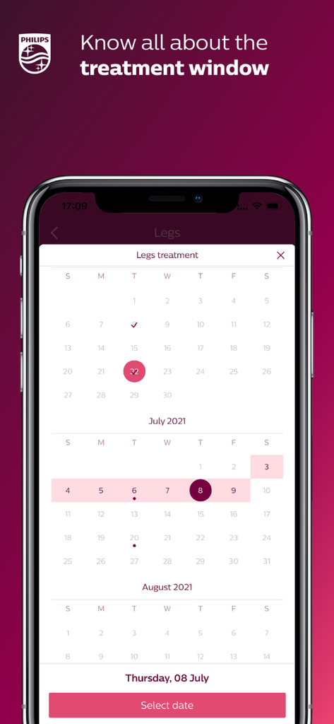 Calendário do programa de tratamento da aplicação Philips Lumea IPL para as pernas