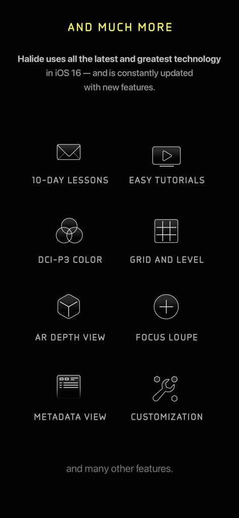レッスン、DCI-P3カラー、ARデプスビュー、メタデータツールを含む、Halide Mark IIのプロフェッショナルカメラ機能リスト。