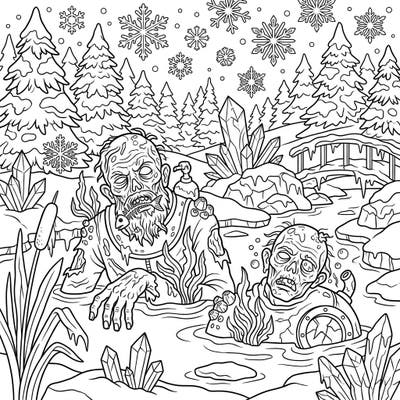 Explore a truly unique blend of horror and winter charm with this captivating coloring page featuring underwater zombies in an icy landscape. Perfect for those who love the macabre with a frosty twist, offering hours of creative fun.