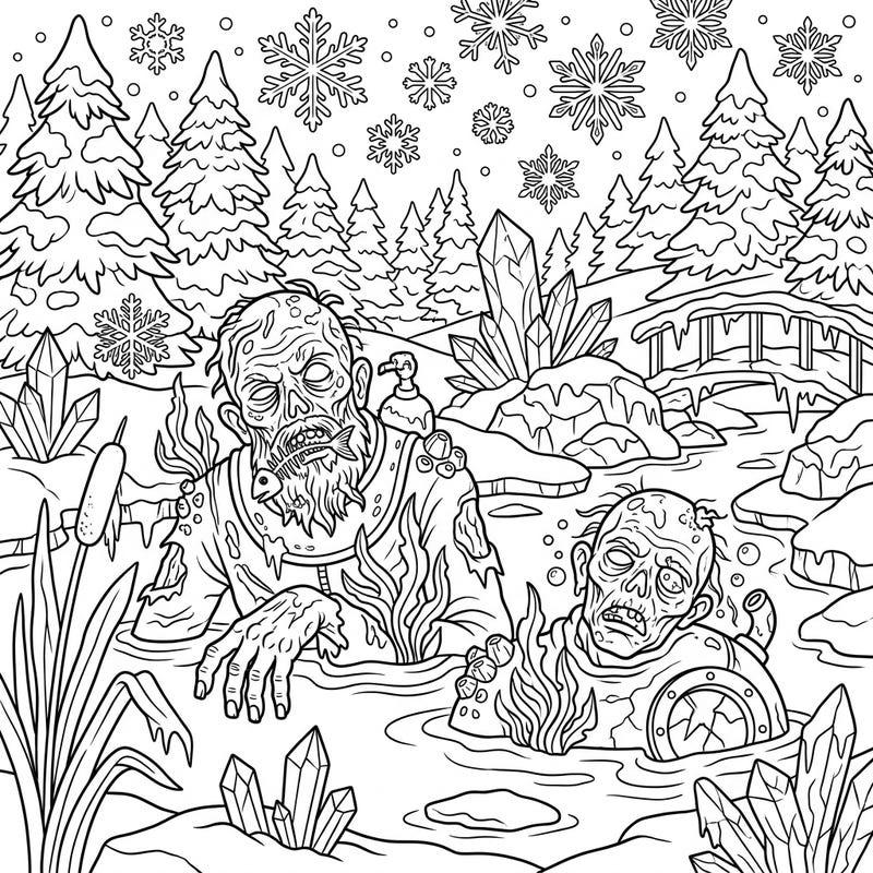 Explore a truly unique blend of horror and winter charm with this captivating coloring page featuring underwater zombies in an icy landscape. Perfect for those who love the macabre with a frosty twist, offering hours of creative fun.