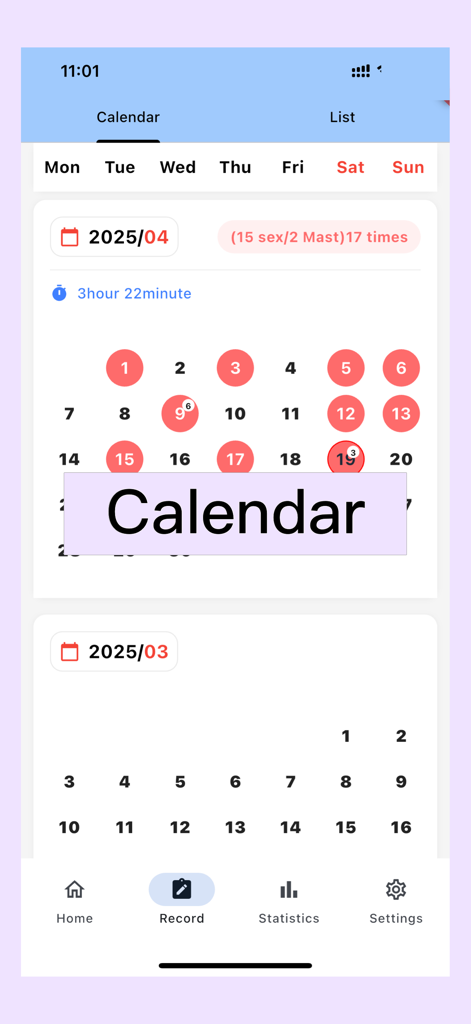 Sexual Calendar - Interfaz de calendario mensual de la aplicación Calendario Sexual que muestra estadísticas de actividad registrada y frecuencia.