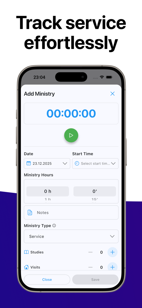 Ministry Assistant 2 - Pantalla de la aplicación Ministry Assistant 2 para realizar un seguimiento del tiempo de servicio, las visitas y los estudios bíblicos.