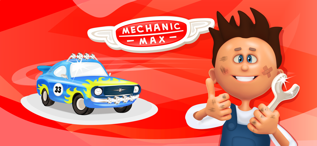 Mechanic Max holding a wrench giving a thumbs up next to a blue custom racing car