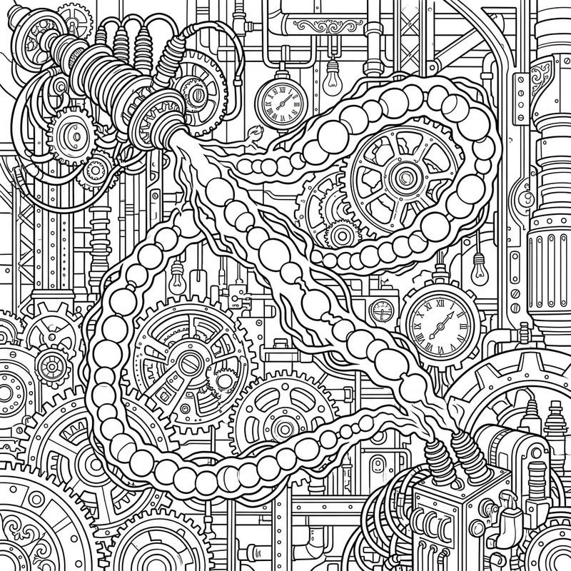 Experience the electrifying fusion of nature and machinery with this Steampunk Bead Lightning coloring page. Intricate gears, pipes, and luminous electrical segments create a captivating industrial Victorian fantasy ready for your artistic touch.
