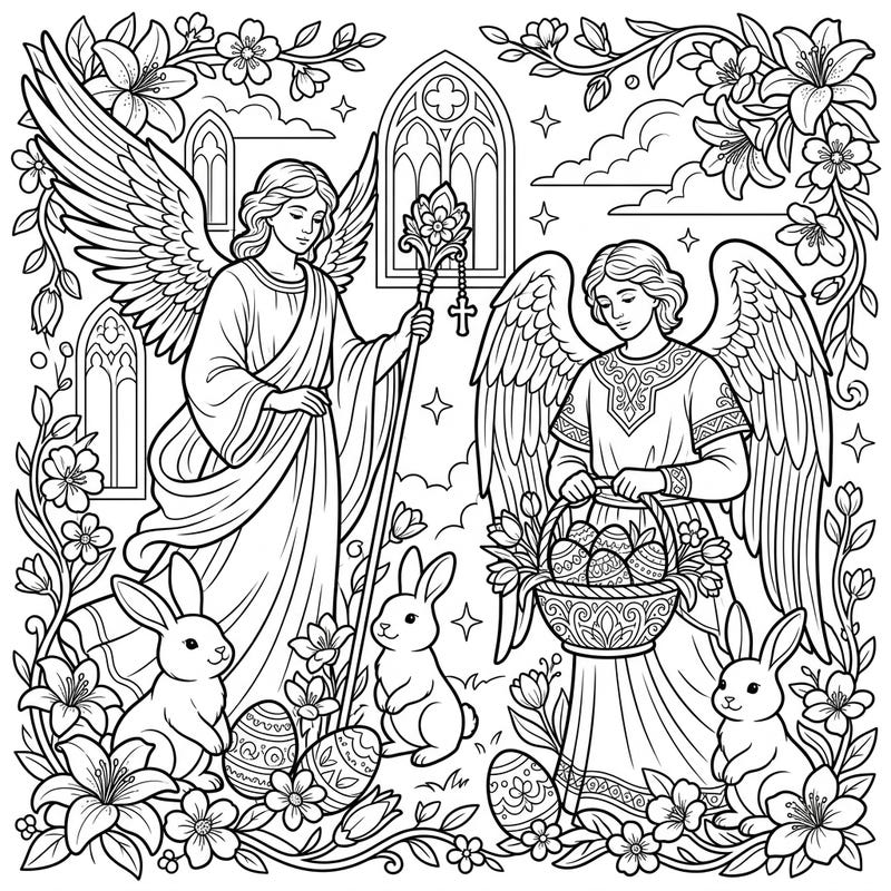 Embrace the spiritual and festive spirit with this enchanting coloring page featuring majestic archangels and playful Easter bunnies. Dive into a world of detailed blossoms and decorated eggs, perfect for a serene and joyful coloring session.
