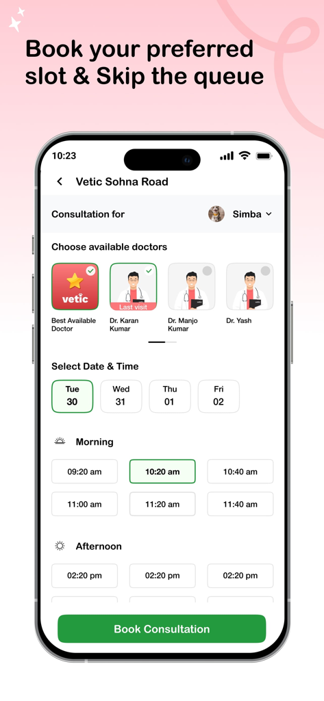 Mobile app screen for booking a pet clinic consultation with a doctor and time slot selection