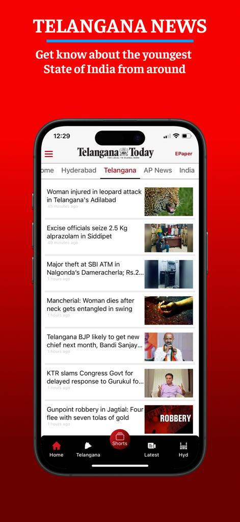 Telangana Today - Telangana Today mobile app interface showing local news headlines from Telangana districts