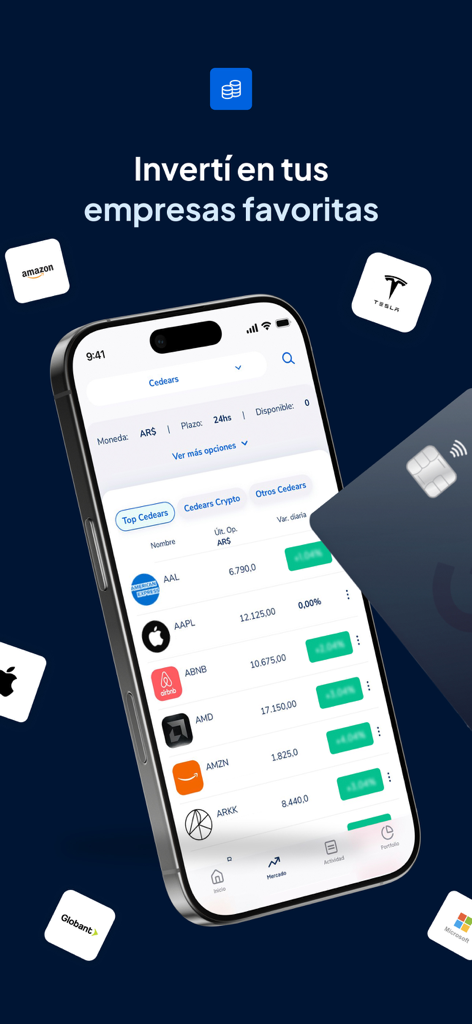 Cocos: Invertí, ahorrá y pagá. - Cocos mobile app interface showing stock market investment options for favorite companies like Apple and Amazon