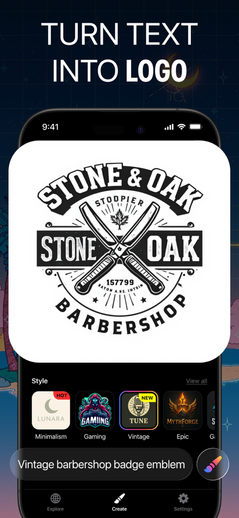 AI Logo Maker Brand Generator - Interface do aplicativo AI logo maker mostrando um brasão de barbearia vintage gerado a partir de um prompt de texto.