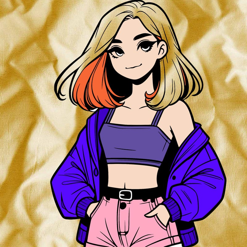 a realistic girl with a crop top and short shorts in an open jacket