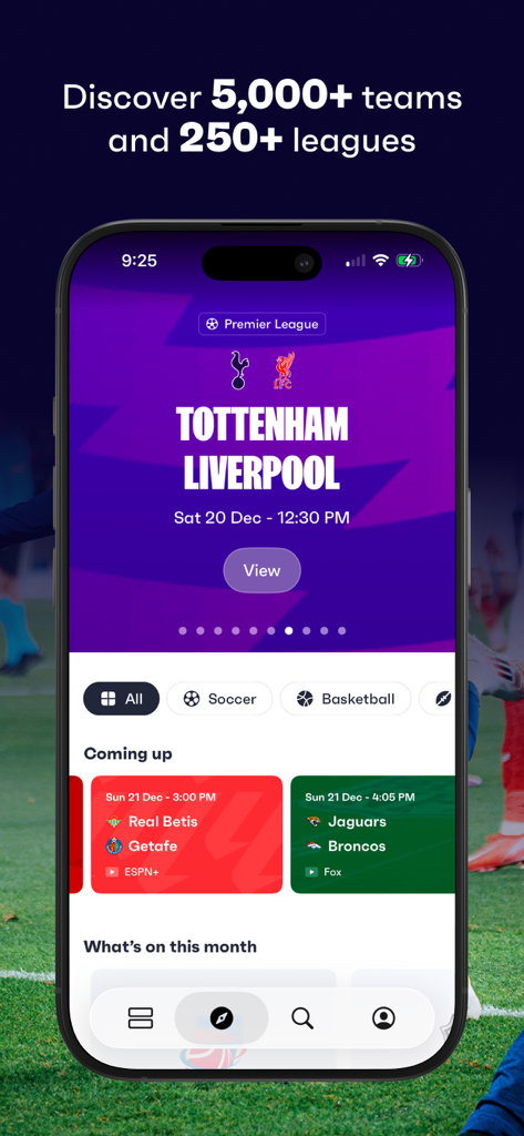 Oberfläche der Fixtured App, die kommende Fußball- und Football-Spielpläne anzeigt