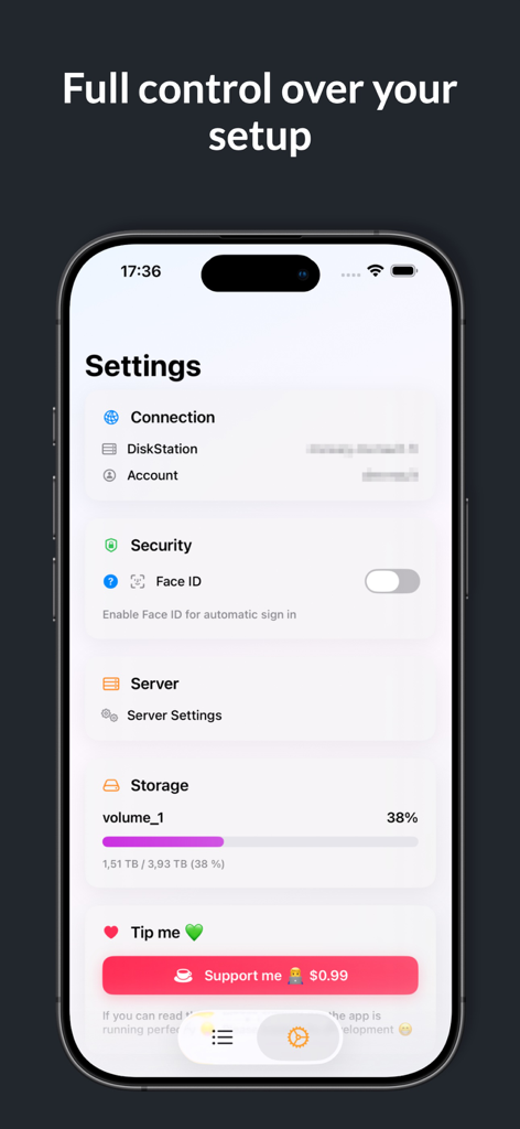 Downology - Interfaz de configuración de Downology para gestionar la conexión de Synology NAS, las funciones de seguridad y el estado del almacenamiento del servidor