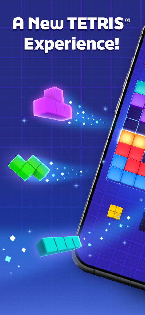 Tetris® Block Blast - 光るテトリミノブロックとグリッドゲームプレイを示すテトリスブロックブラストモバイルパズルゲーム。