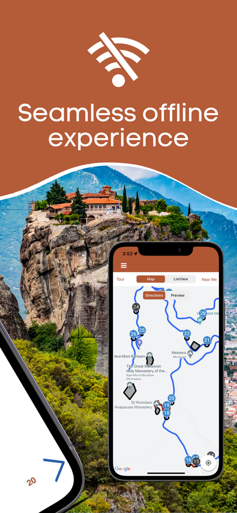 Meteora Monasteries Audio Tour - Meteora Monasteries Audio Tour app interface featuring an offline map with sightseeing points and a monastery background