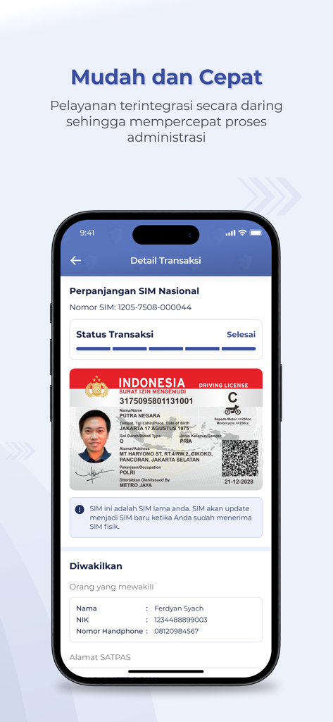 Interfaz de la aplicación Digital Korlantas POLRI mostrando una transacción completada de renovación de licencia de conducir indonesia