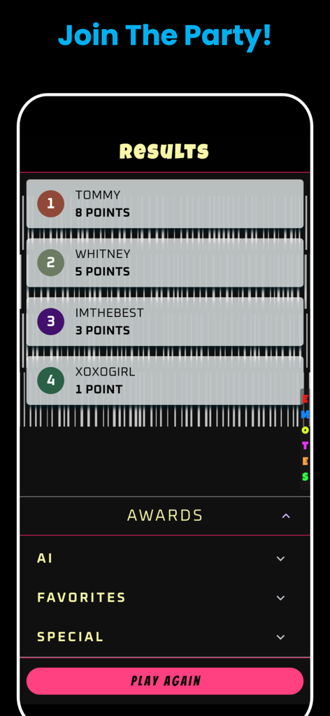 Party Ai - Leaderboard screen in Party Ai showing final player points and a play again button