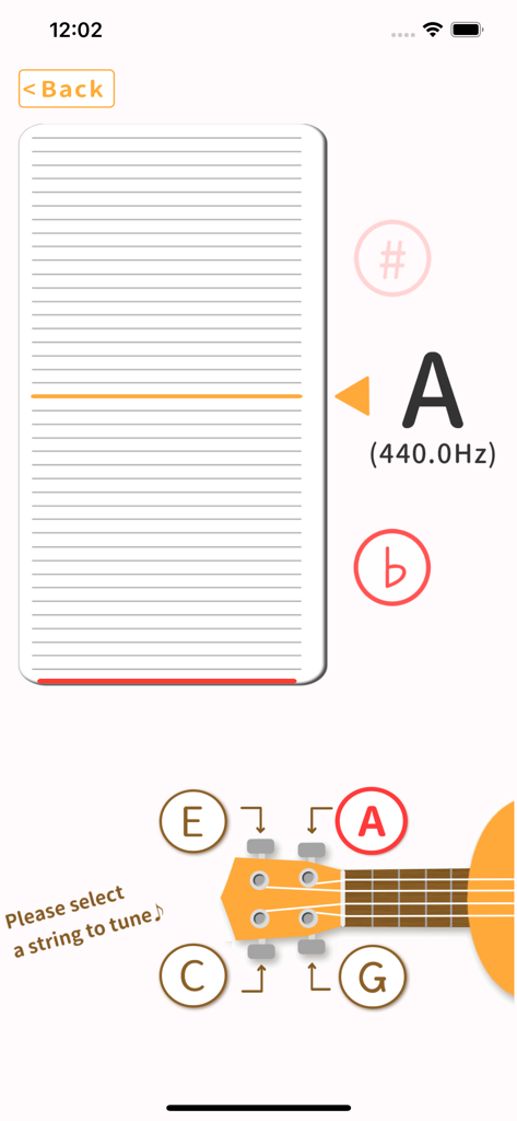 Ukulele tuner app interface showing string selection and tuning meter for note A