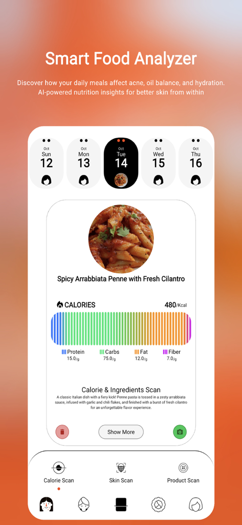 Bildschirm des Smart Food Analyzers der Acnetic-App, der Kalorien- und Nährwertangaben einer Mahlzeit für die Aknebehandlung anzeigt.