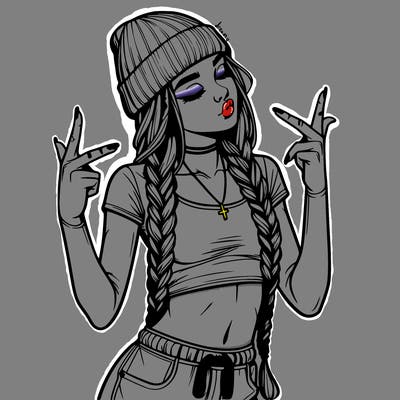 realistic teenage girl with braids and a beanie and crop top doing 🫶🏼