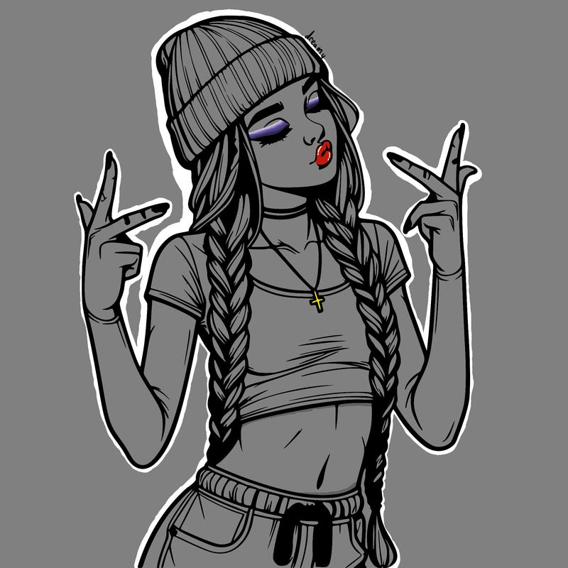 realistic teenage girl with braids and a beanie and crop top doing 🫶🏼