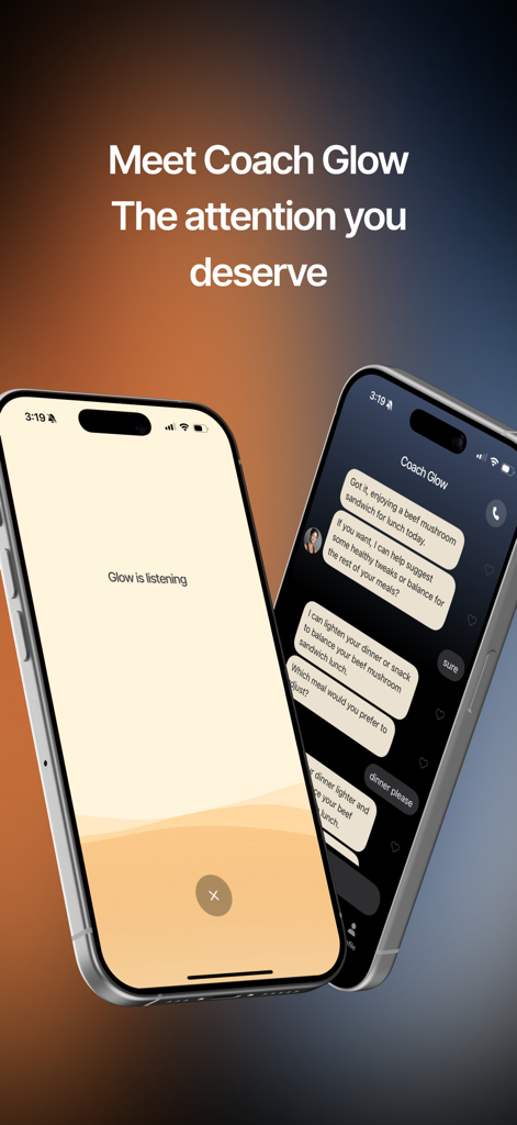 Glow Diet app interface showing AI coach chat and voice interaction