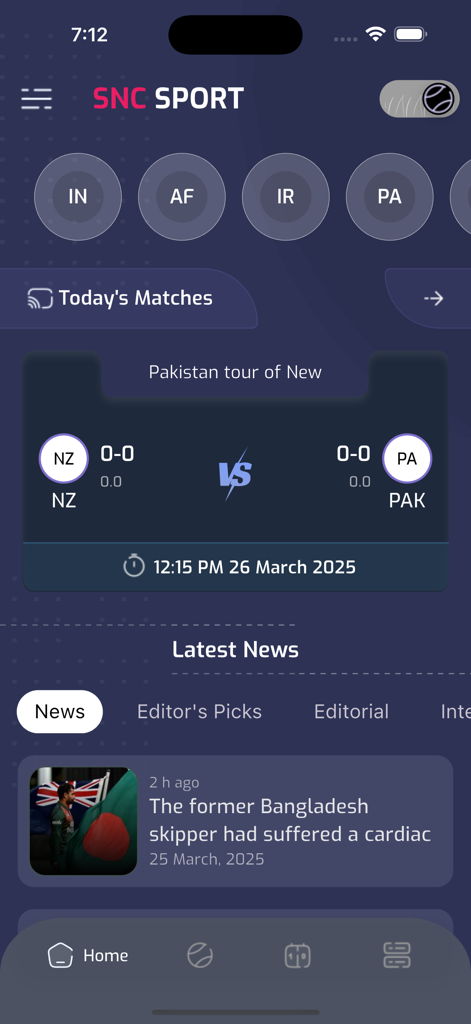 Startbildschirm der SNC Sport App mit anstehenden Cricketspielplänen und aktuellen Sportnachrichten-Schlagzeilen.