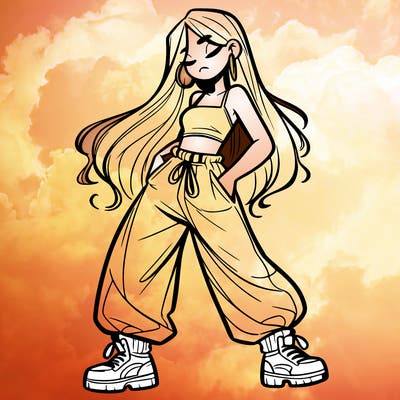 girl in baggy pants crop top and long hair