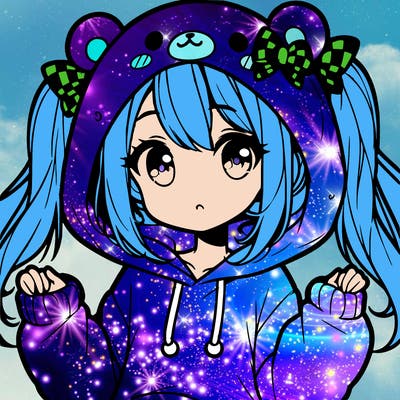 cute anime girl with ponytails and a cute bear hoodie