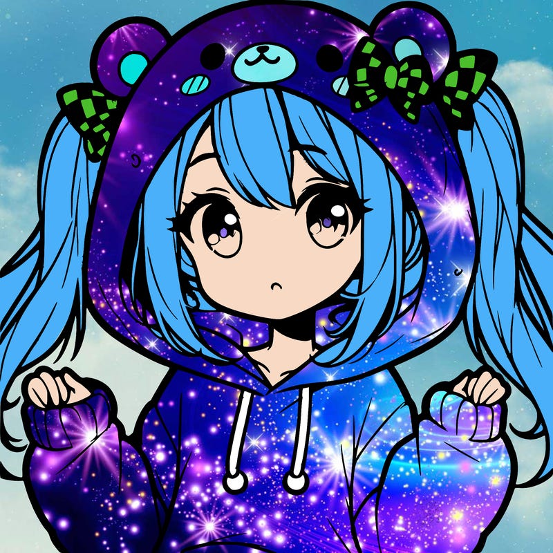 cute anime girl with ponytails and a cute bear hoodie