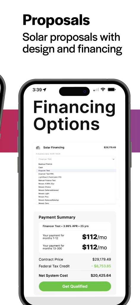 SalesRabbit - SalesRabbit app interface displaying solar proposal financing options and a monthly payment summary.