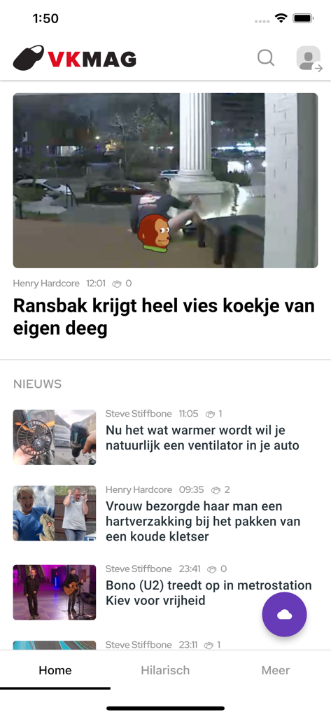 Pantalla de inicio de la aplicación VKMag que muestra un feed de artículos de noticias virales y clips de video