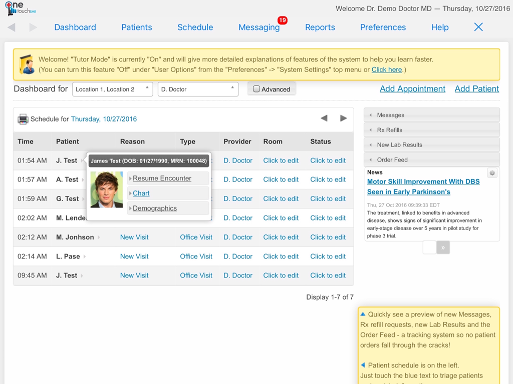 OneTouch EMR iPad-Dashboard mit dem Patientenplan eines Arztes und der Verwaltung von elektronischen Krankenakten