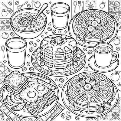 Dive into a delicious morning with our vibrant Breakfast & Brunch coloring page, packed with fluffy pancakes, crispy bacon, and sweet waffles. This detailed illustration offers a delightful artistic escape for food lovers of all ages.