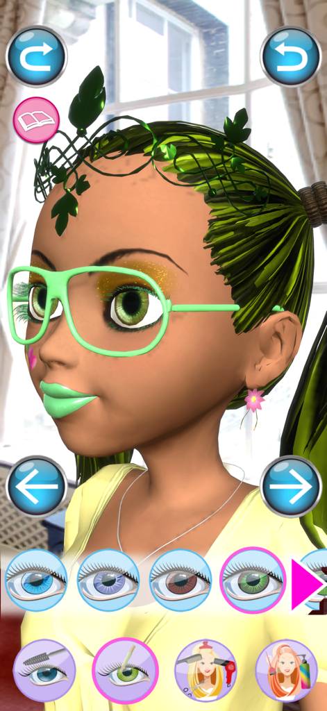 Cambio de imagen de personaje 3D con accesorios verdes y selección de color de ojos en Princess Game Salon Angela 3D