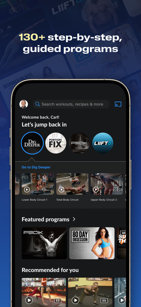 Écran d'accueil de l'application BODi affichant des programmes de fitness et de nutrition guidés comme P90X et 80 Day Obsession sur un smartphone