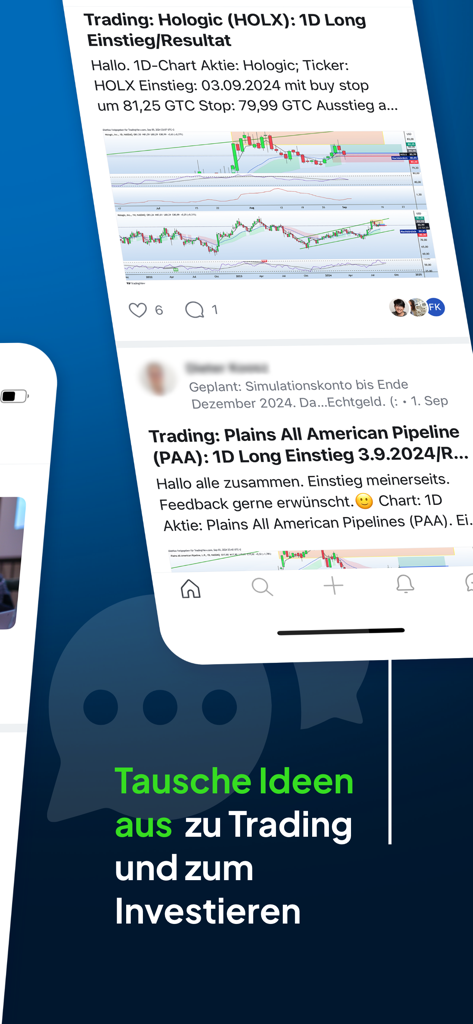 PJM Investment Akademie app interface showing a social feed with trading ideas and stock market analysis charts