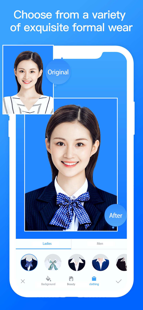 A comparison showing a woman's ID photo being changed from a casual striped shirt to a formal business suit using the ID Photo Maker app