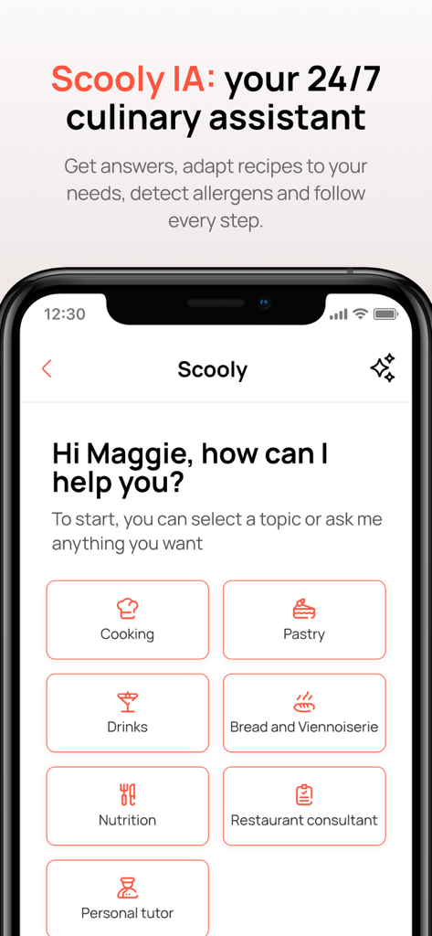 Scoolinary app AI culinary assistant screen showing various cooking and pastry help categories.