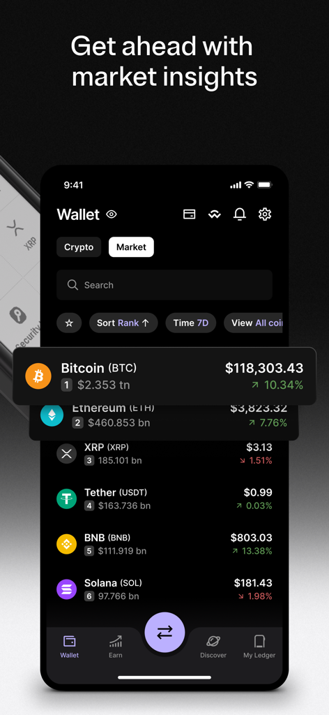 The Ledger Wallet app market screen displaying real-time cryptocurrency prices and trends for Bitcoin, Ethereum, and other assets.
