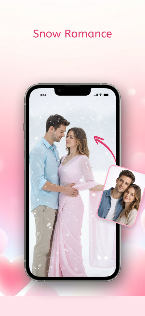 AI Caricature Maker : Photo AI - Interface do aplicativo móvel exibindo o filtro de IA Snow Romance com um casal em uma cena de neve.