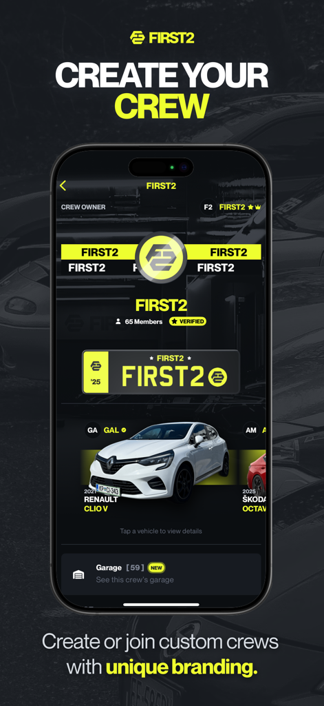 FIRST2 app screen for creating and joining custom car enthusiast crews with unique branding and garage features.