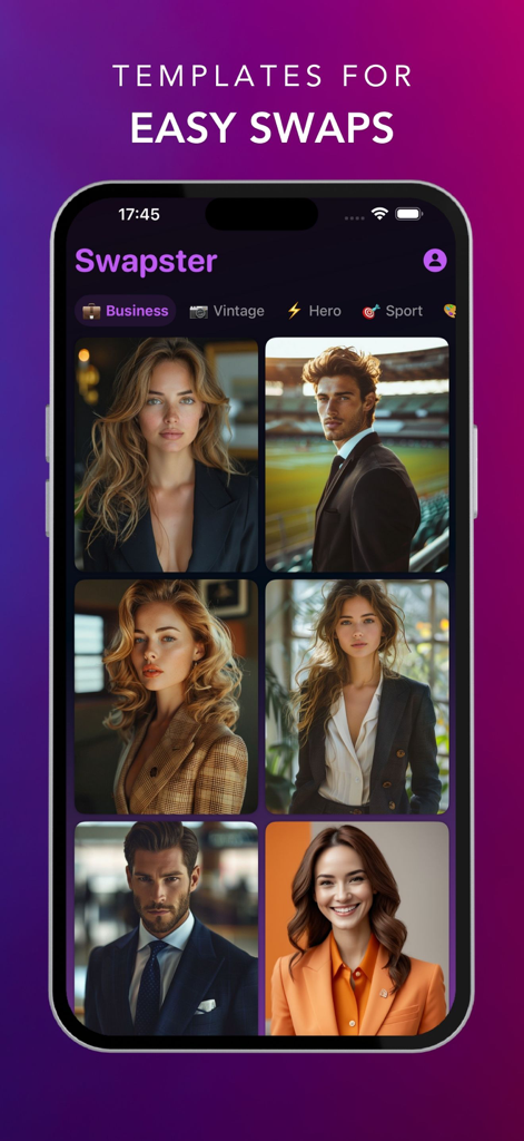 Face Swapster app interface displaying a grid of professional business portrait templates for easy AI face swaps.