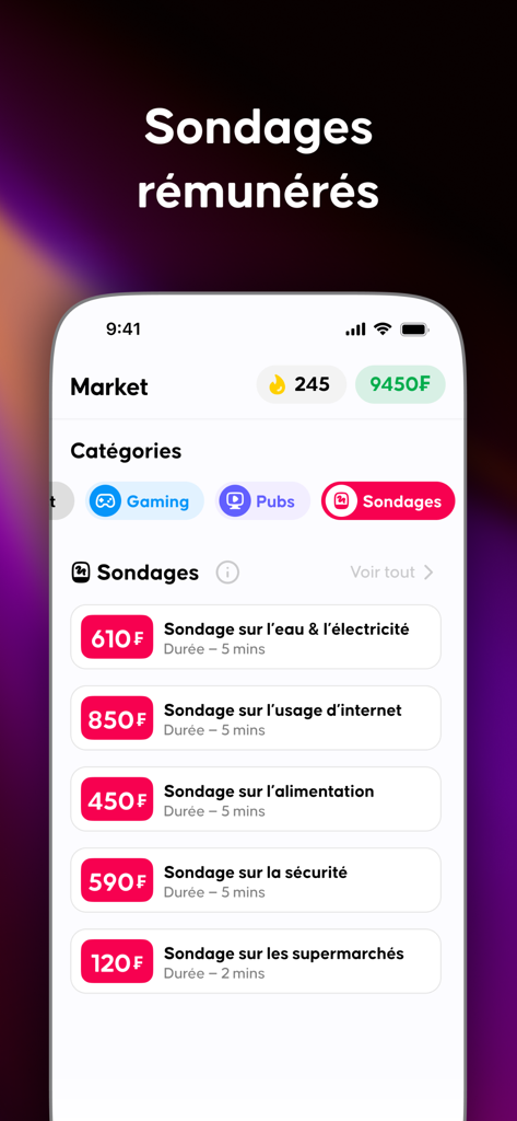 Winix - Winix mobile app screen showing a list of paid surveys with cash rewards for various topics like food and internet usage.